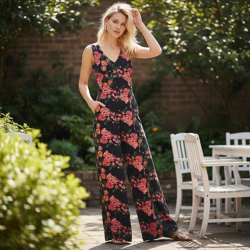Anthropologie Floral Wide Leg Jumpsuit Black Pink Ruffle Back Cutout Pocket